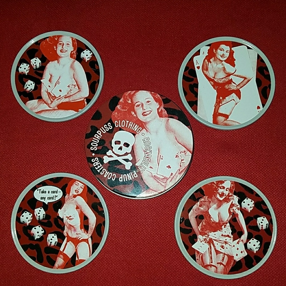Sourpuss Set of 4 Bar Drink Coasters Features Bettie Page & Nudes Dice Cards